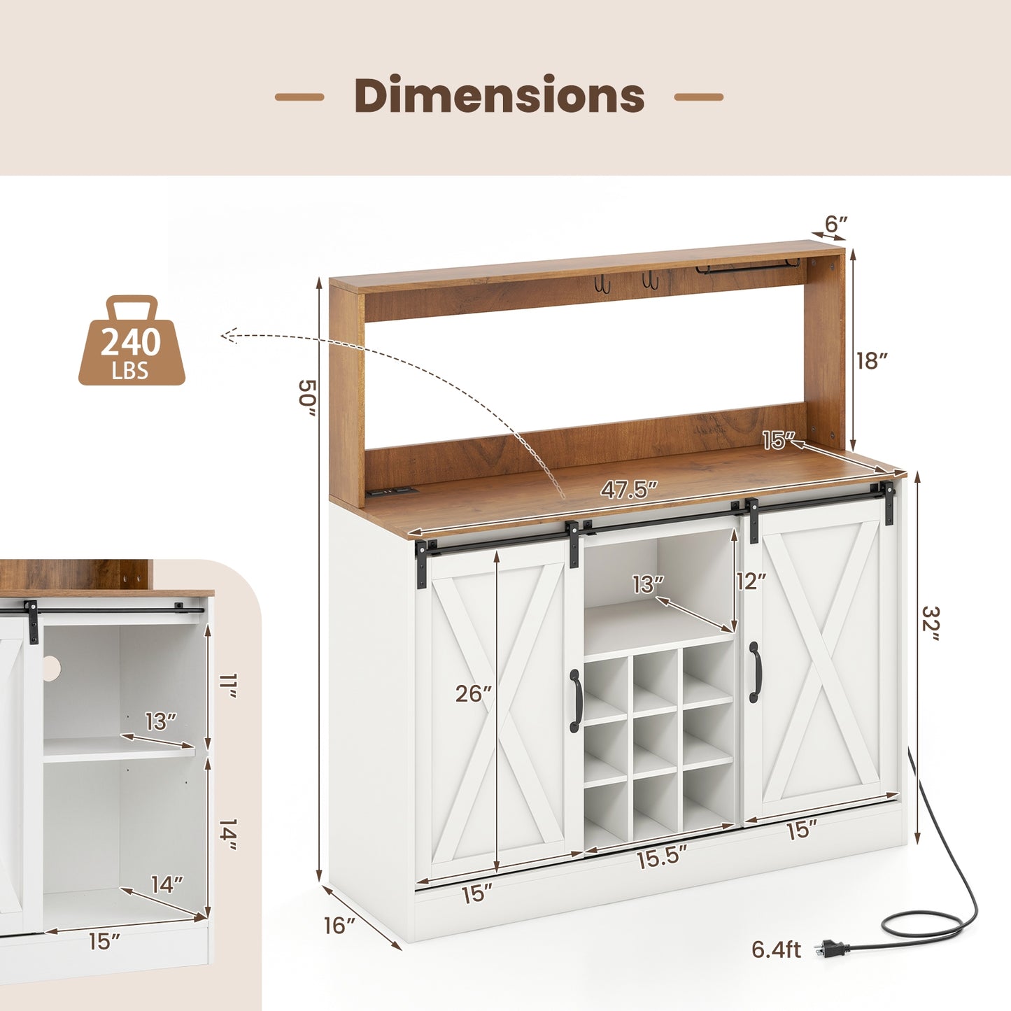 Farmhouse Coffee Bar Cabinet with Charging Station and Sliding Barn Doors, White Sideboards Cabinets & Buffets   at Gallery Canada