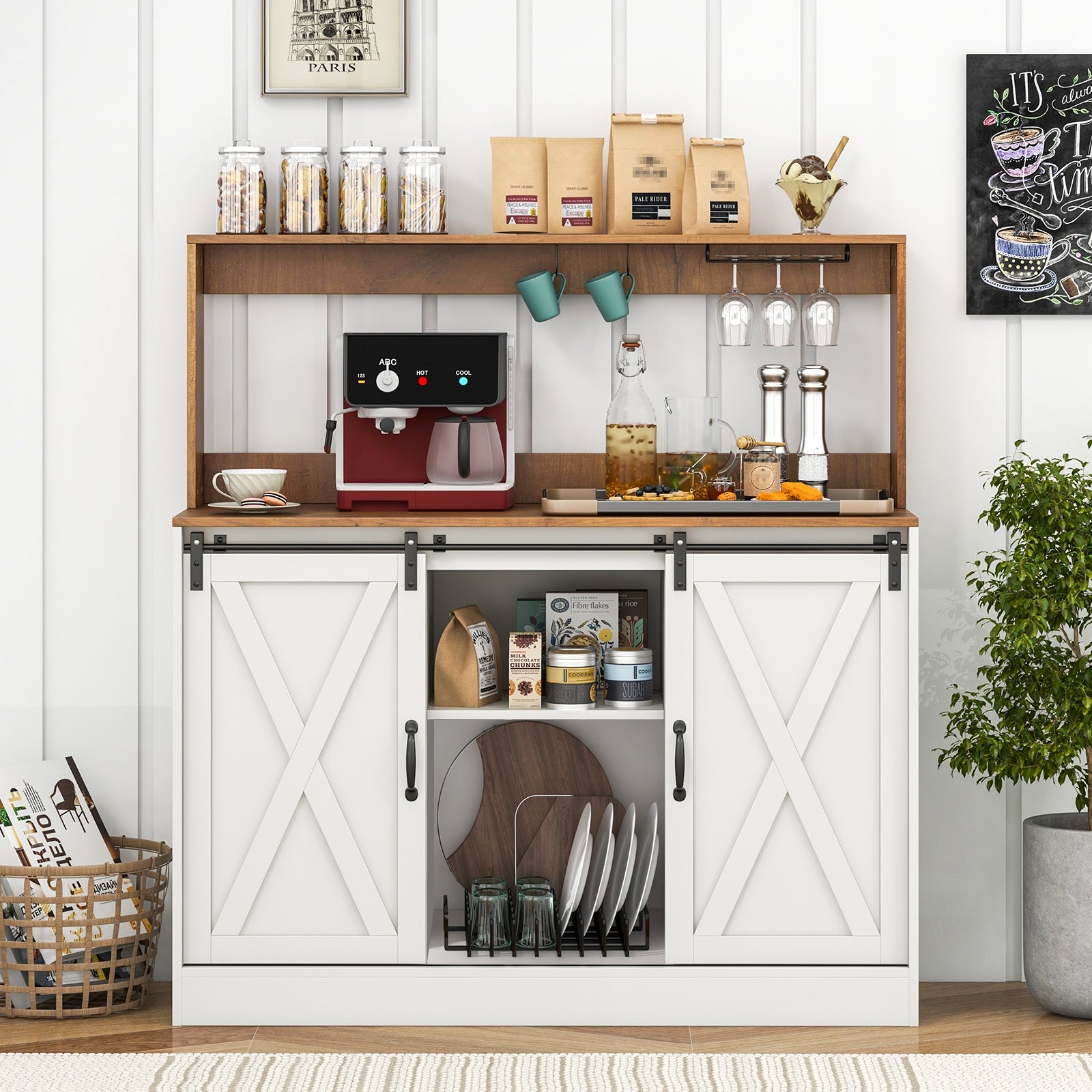 Farmhouse Coffee Bar Cabinet with Charging Station and Sliding Barn Doors, White Sideboards Cabinets & Buffets   at Gallery Canada