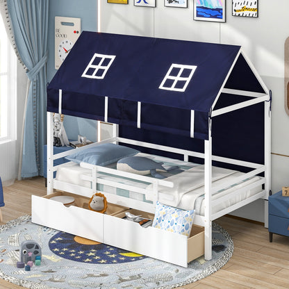 Twin House Bed with Tent and 2 Storage Drawers for Kids, White Simple Bed Frame   at Gallery Canada