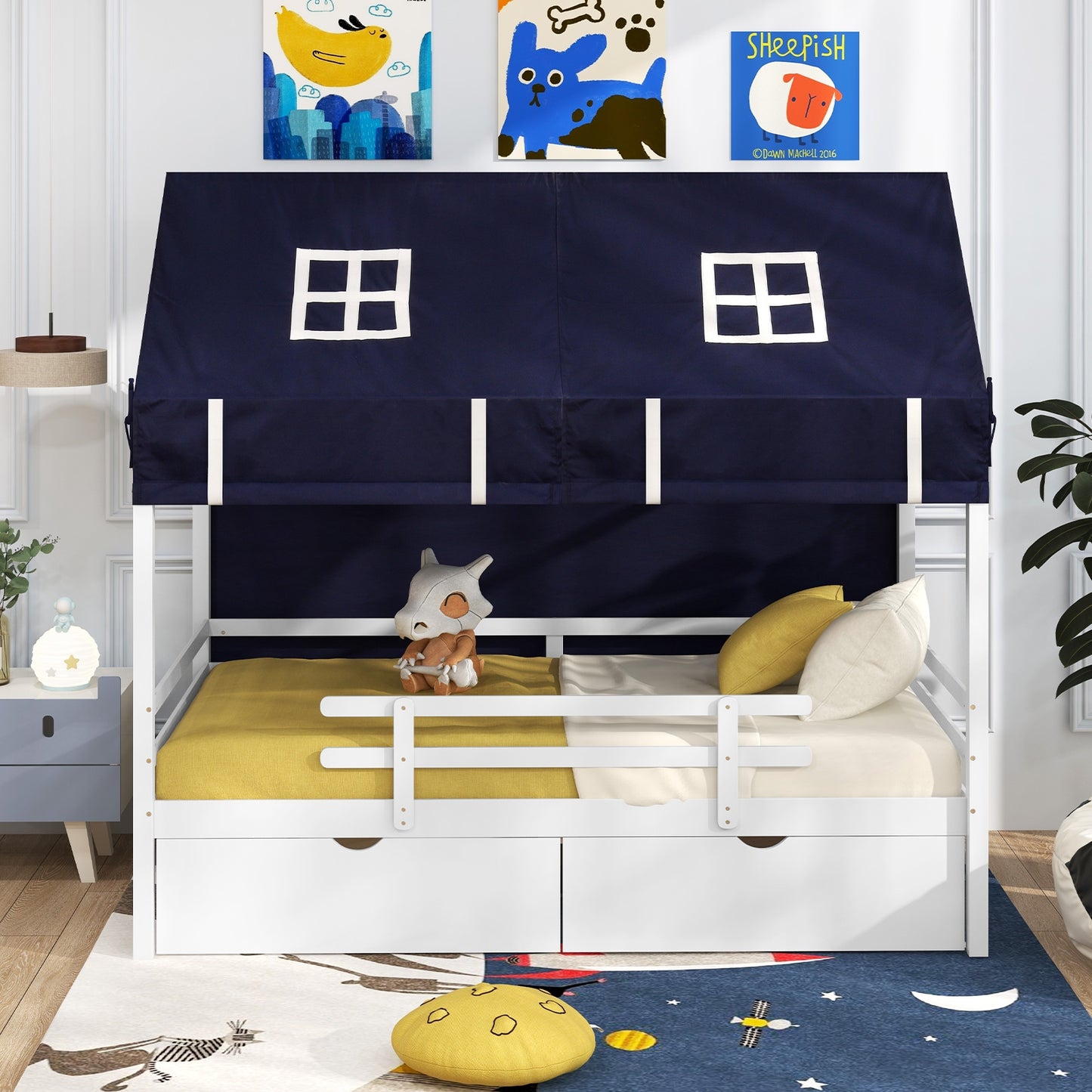 Twin House Bed with Tent and 2 Storage Drawers for Kids, White Simple Bed Frame   at Gallery Canada