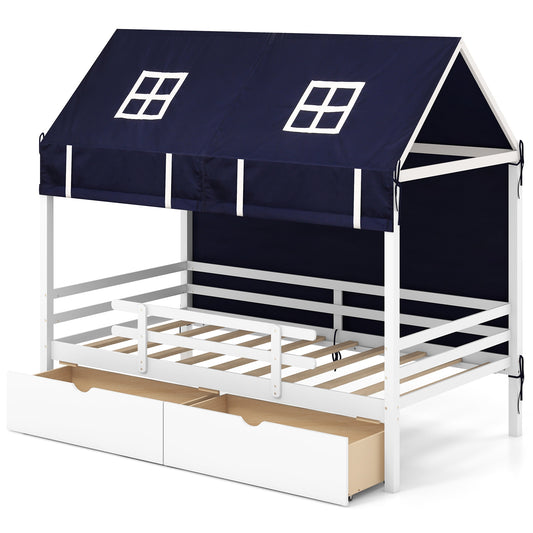 Twin House Bed with Tent and 2 Storage Drawers for Kids, White Simple Bed Frame White  at Gallery Canada