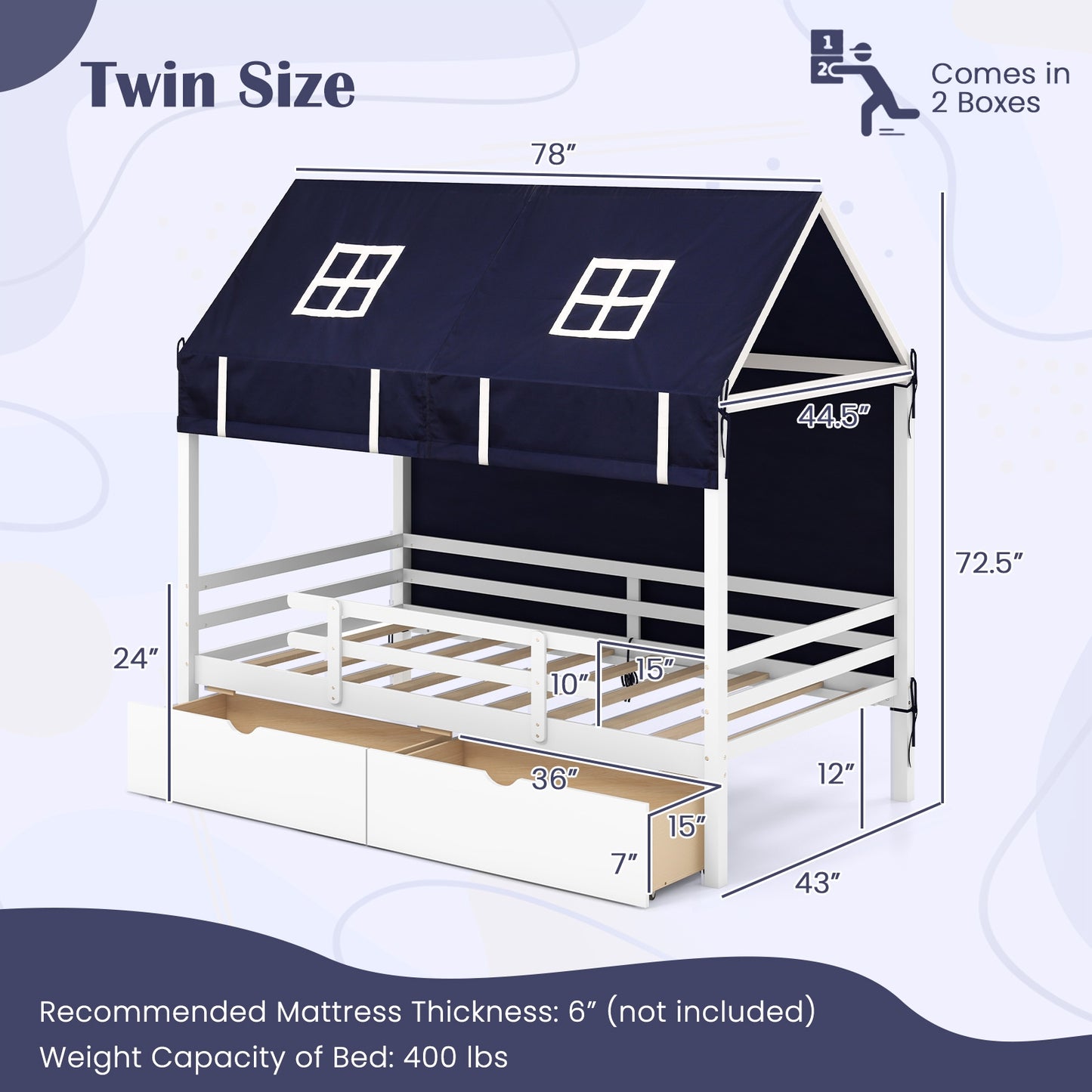 Twin House Bed with Tent and 2 Storage Drawers for Kids, White Simple Bed Frame   at Gallery Canada