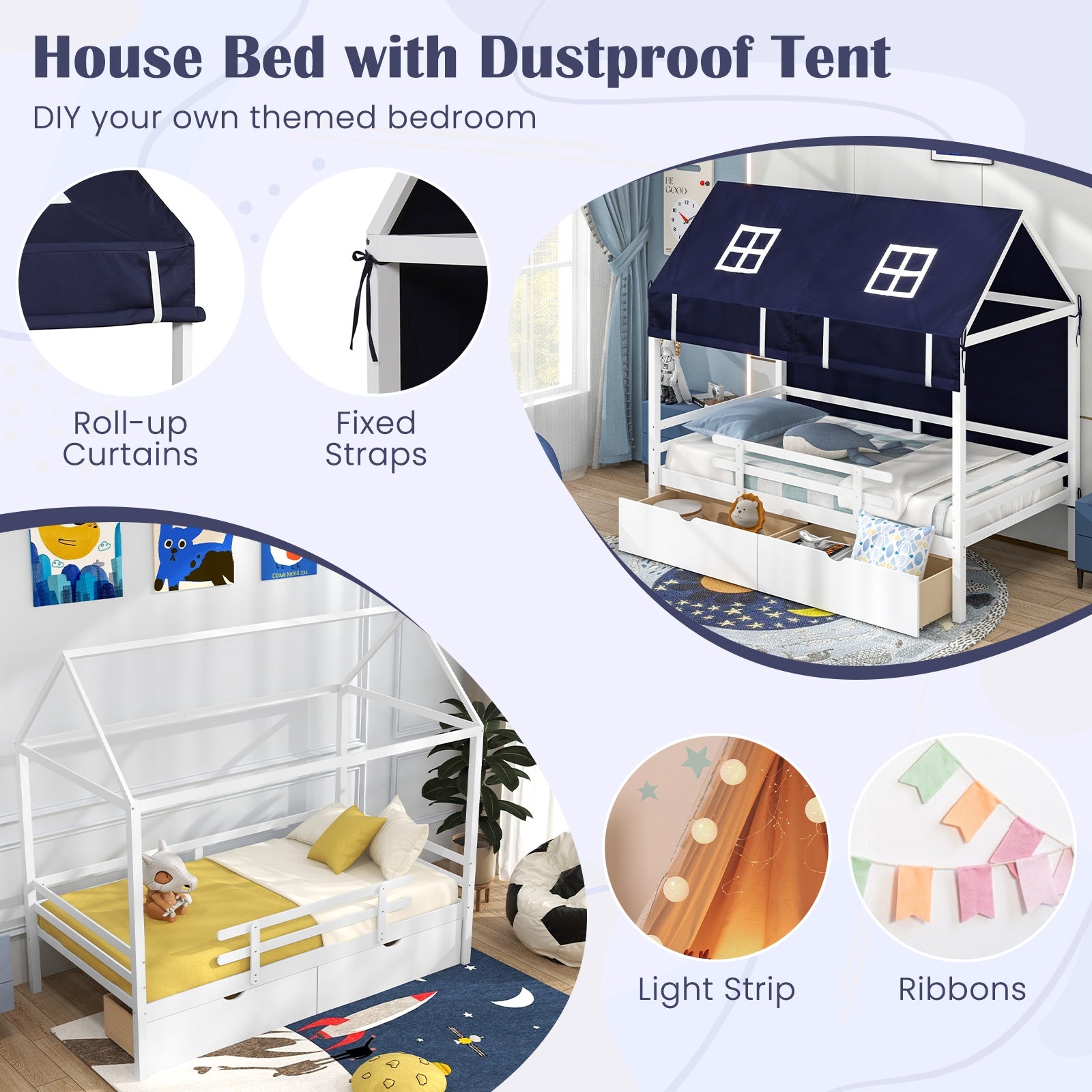 Twin House Bed with Tent and 2 Storage Drawers for Kids, White Simple Bed Frame   at Gallery Canada