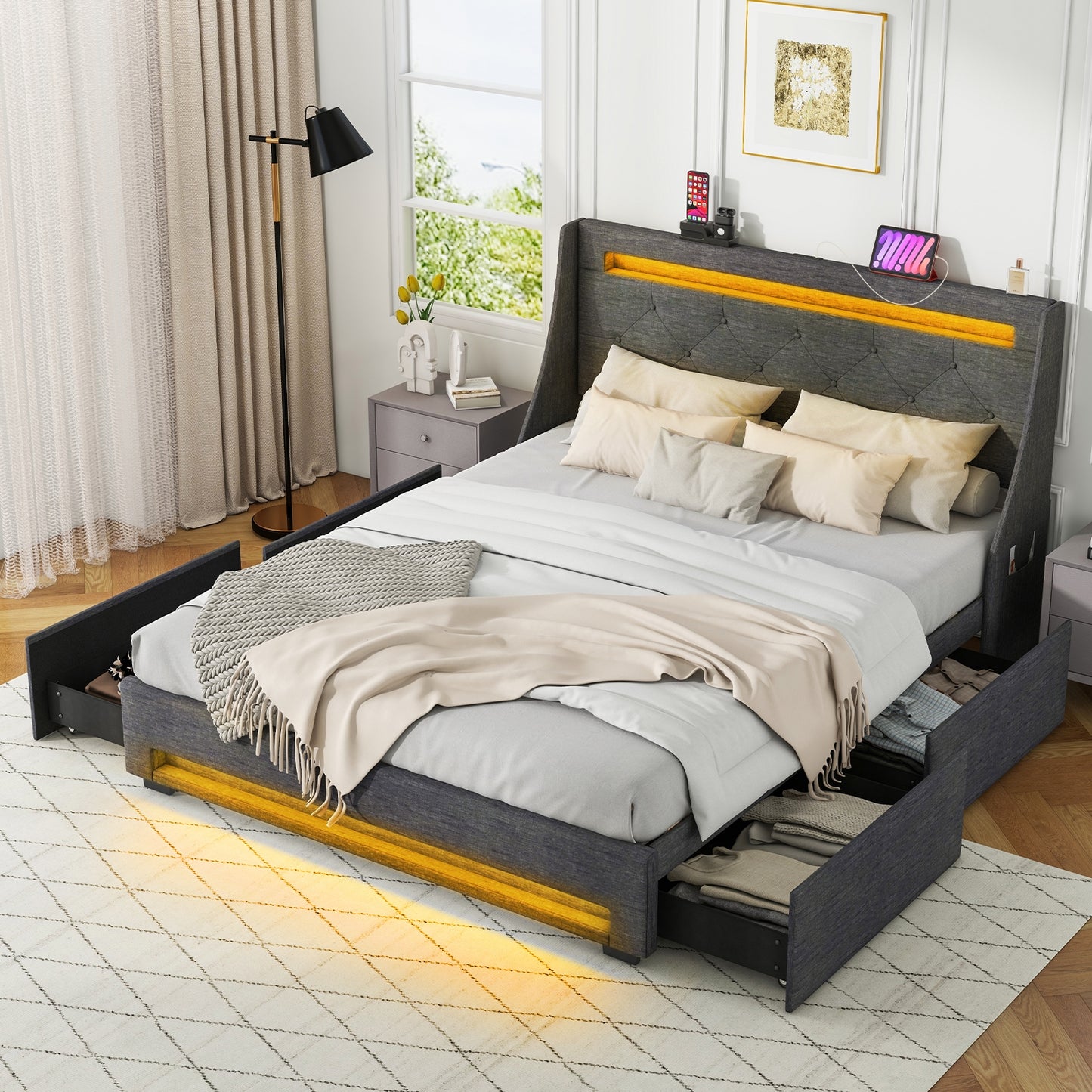 Full Size Bed Frame with LED Lights Wingback Headboard and Charging Station-Grey, Gray Simple Bed Frame   at Gallery Canada