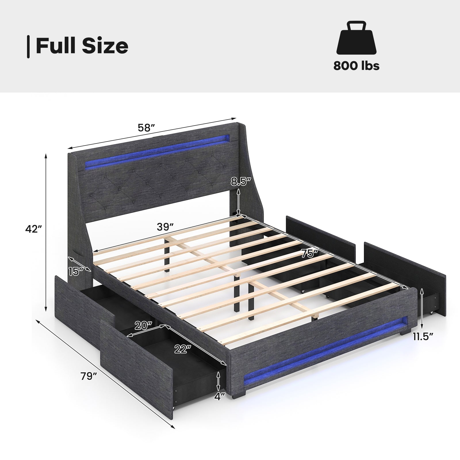 Full Size Bed Frame with LED Lights Wingback Headboard and Charging Station-Grey, Gray Simple Bed Frame   at Gallery Canada