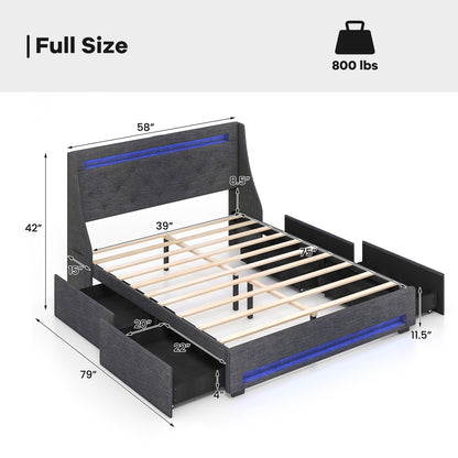 Full Size Bed Frame with LED Lights Wingback Headboard and Charging Station-Grey, Gray Simple Bed Frame   at Gallery Canada