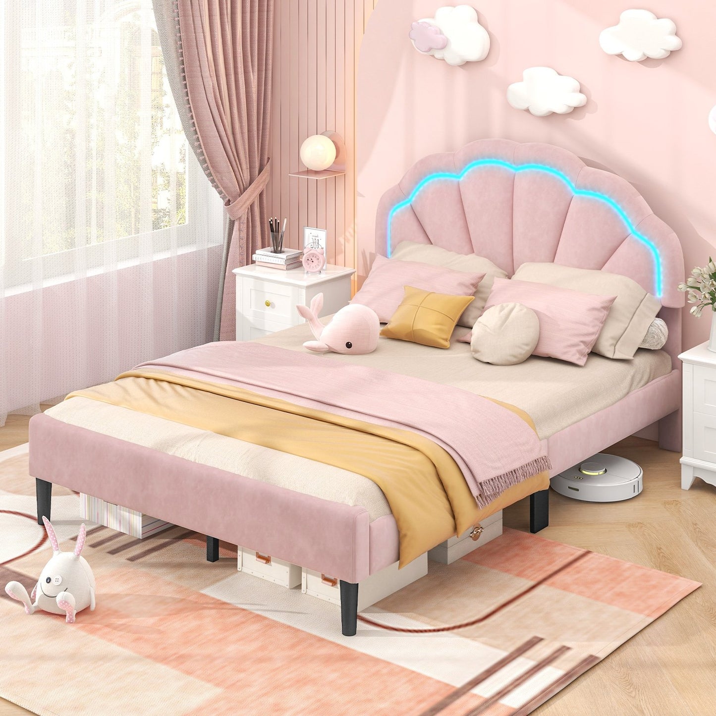 Upholstered LED Bed Frame with Adjustable Flower Headboard and Metal Support Feet Pink-Full Size, Pink Beds & Bed Frames   at Gallery Canada