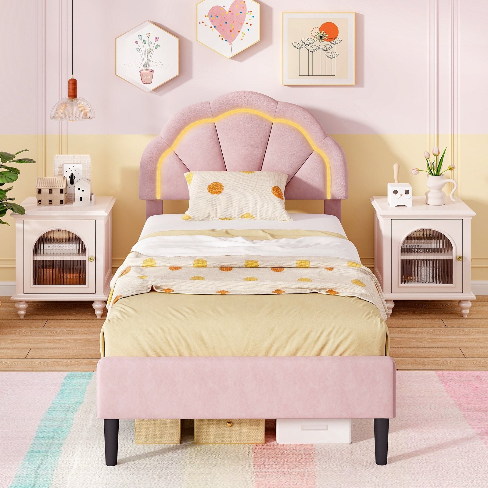 Upholstered LED Bed Frame with Adjustable Flower Headboard and Metal Support Feet Pink-Twin Size, Pink Beds & Bed Frames   at Gallery Canada