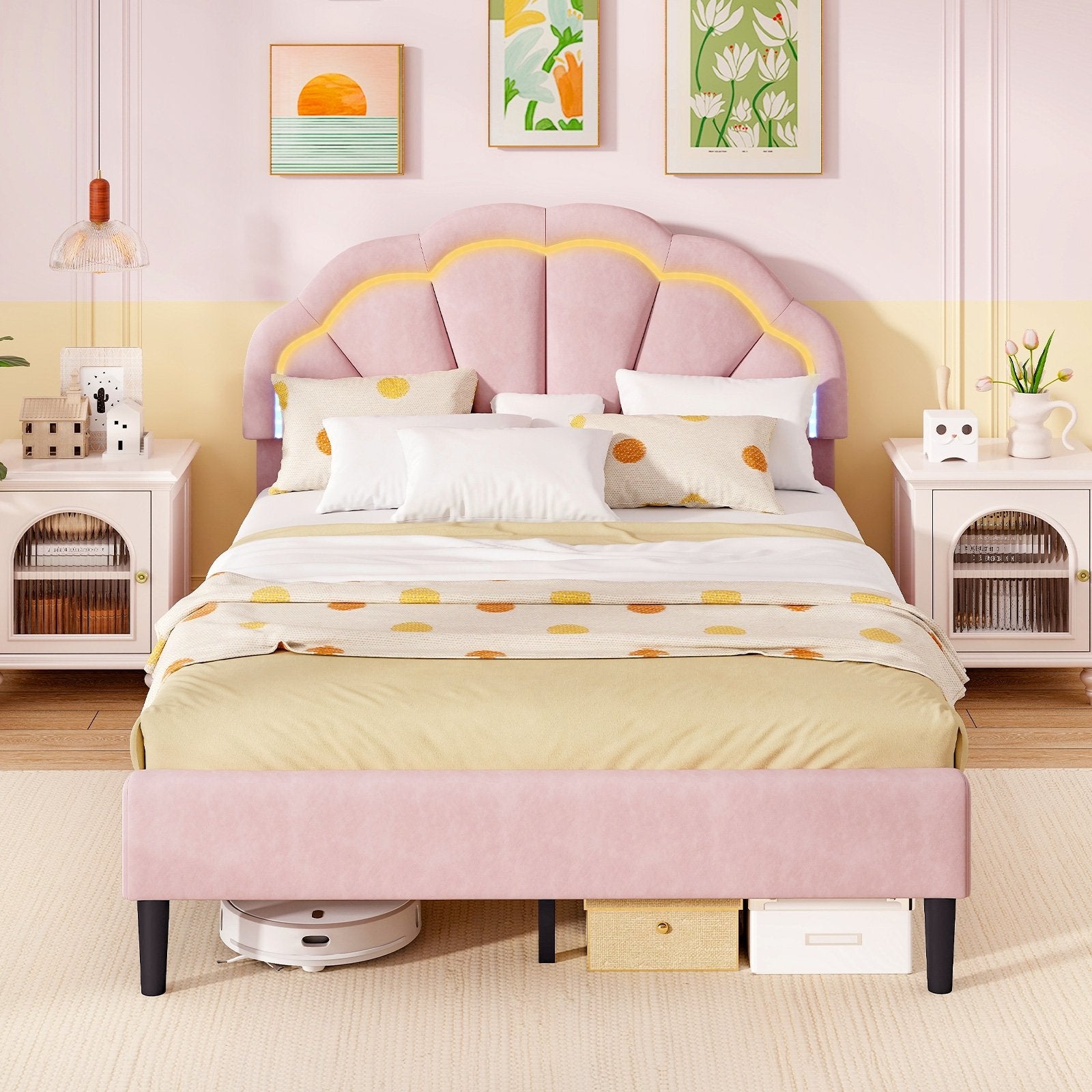 Upholstered LED Bed Frame with Adjustable Flower Headboard and Metal Support Feet Pink-Full Size, Pink Beds & Bed Frames   at Gallery Canada