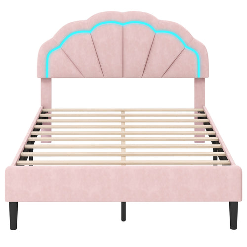 Upholstered LED Bed Frame with Adjustable Flower Headboard and Metal Support Feet Pink-Full Size, Pink