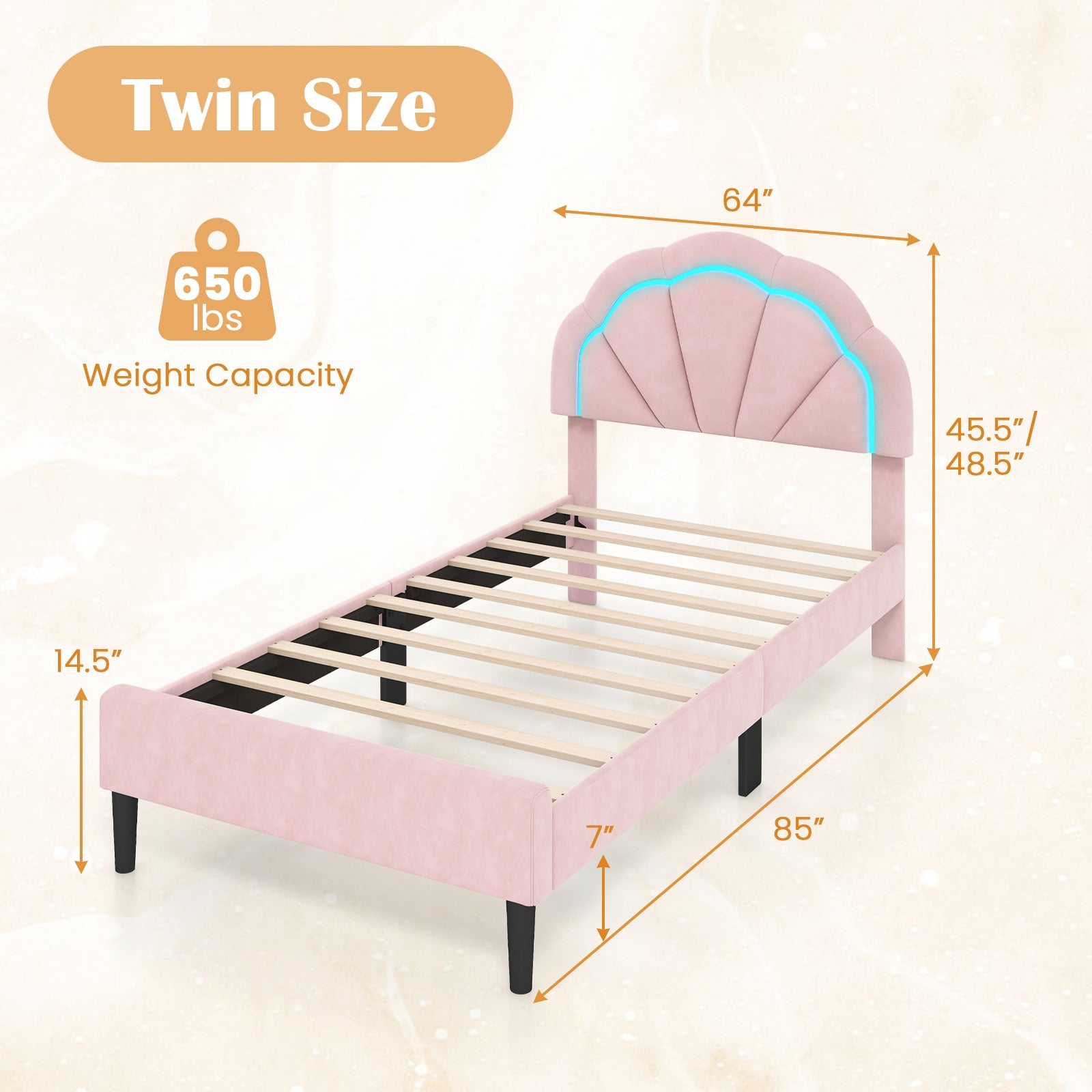 Upholstered LED Bed Frame with Adjustable Flower Headboard and Metal Support Feet Pink-Twin Size, Pink Beds & Bed Frames   at Gallery Canada