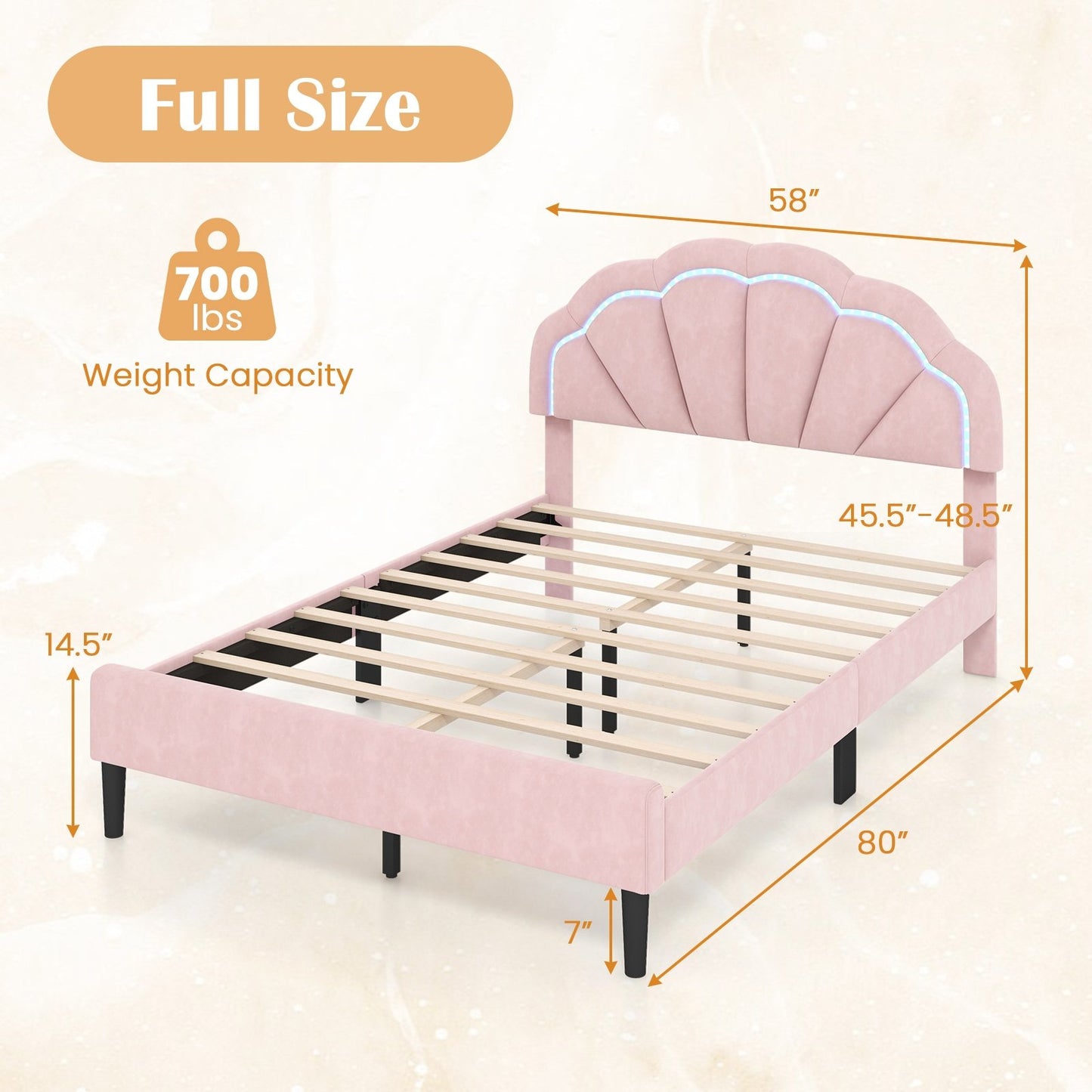 Upholstered LED Bed Frame with Adjustable Flower Headboard and Metal Support Feet Pink-Full Size, Pink Beds & Bed Frames   at Gallery Canada