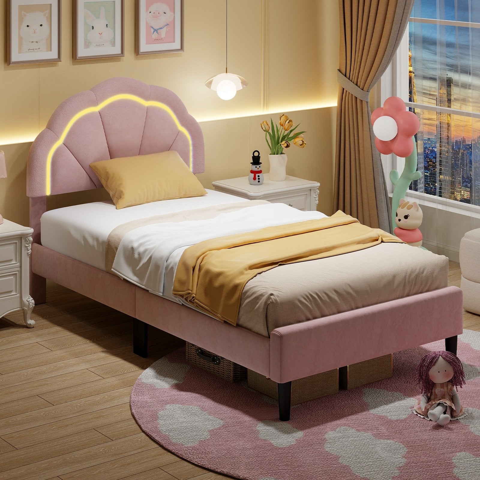 Upholstered LED Bed Frame with Adjustable Flower Headboard and Metal Support Feet Pink-Twin Size, Pink Beds & Bed Frames   at Gallery Canada