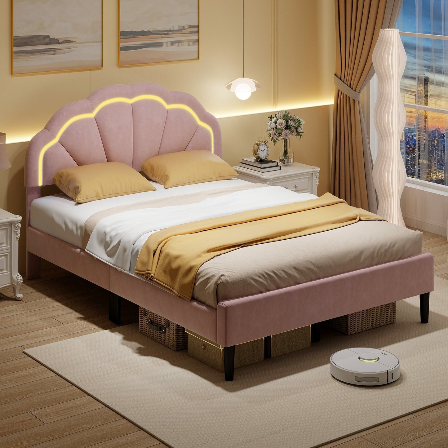 Upholstered LED Bed Frame with Adjustable Flower Headboard and Metal Support Feet Pink-Full Size, Pink Beds & Bed Frames   at Gallery Canada