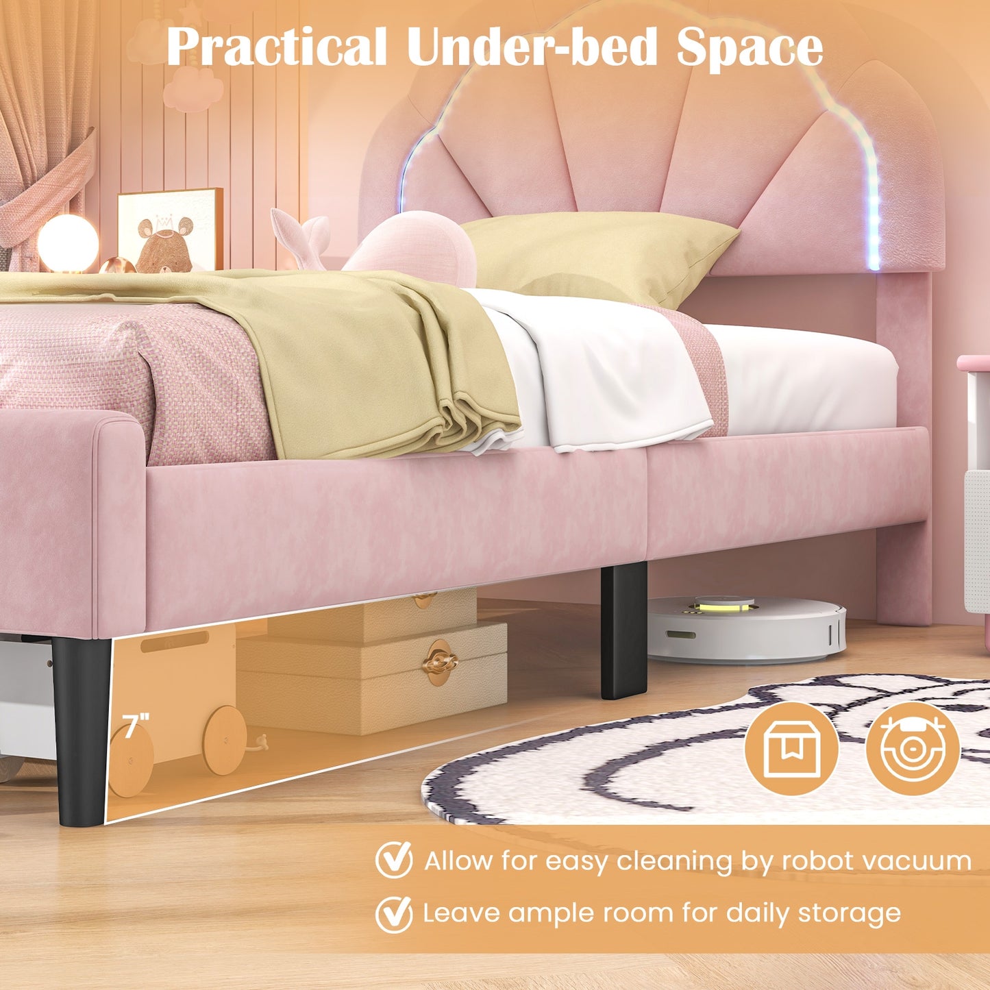 Upholstered LED Bed Frame with Adjustable Flower Headboard and Metal Support Feet Pink-Twin Size, Pink Beds & Bed Frames   at Gallery Canada