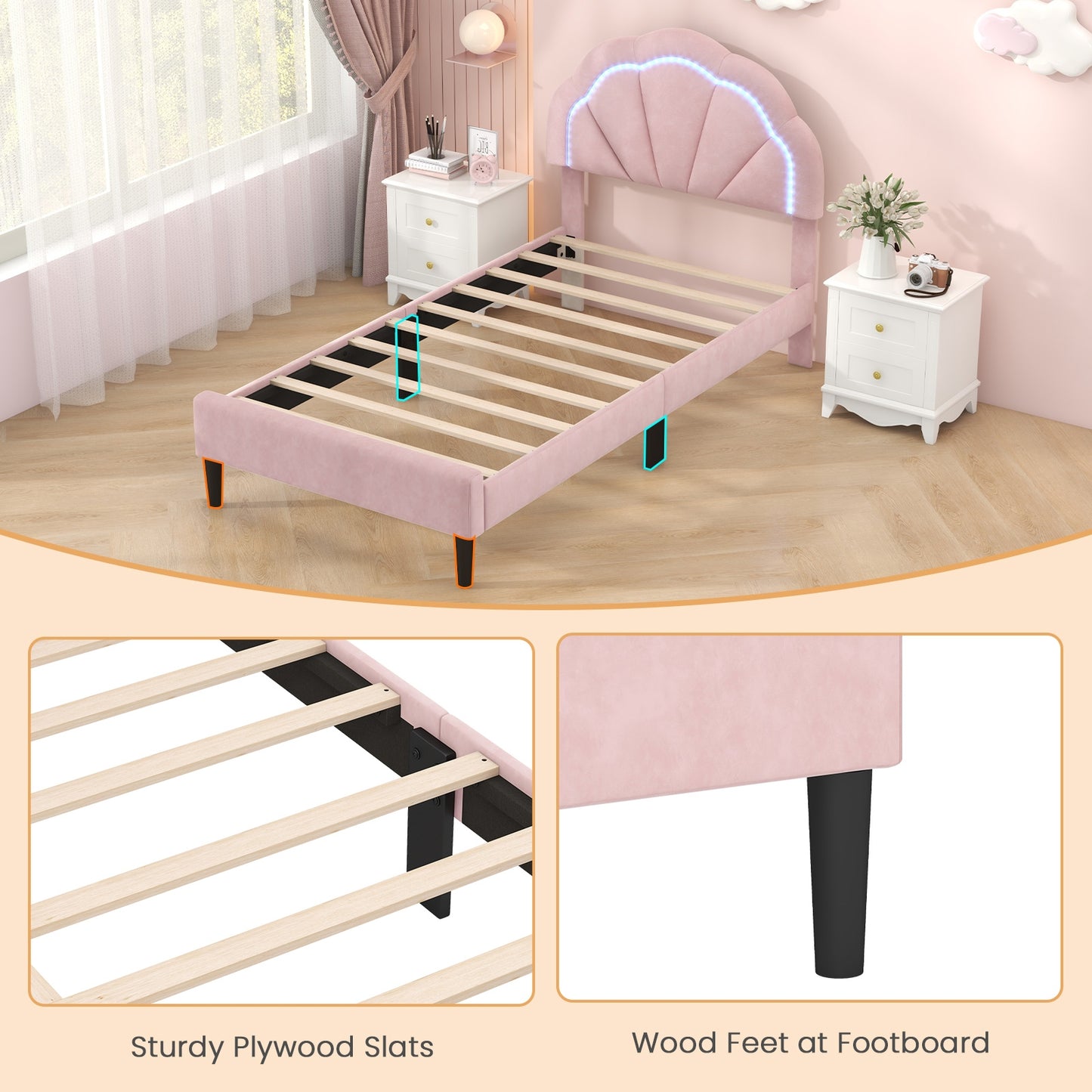 Upholstered LED Bed Frame with Adjustable Flower Headboard and Metal Support Feet Pink-Twin Size, Pink Beds & Bed Frames   at Gallery Canada