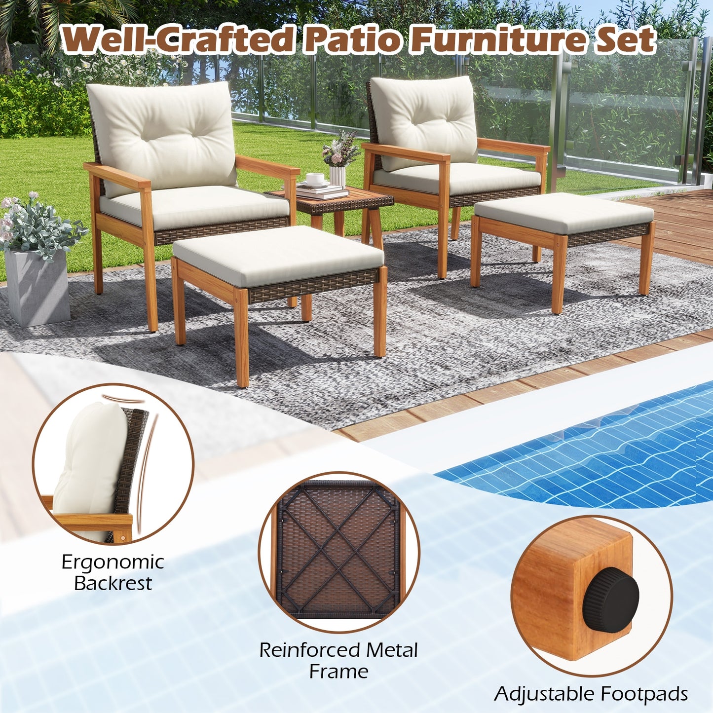 5 Piece Rattan Furniture Set with Square Coffee Table, White Patio Conversation Sets   at Gallery Canada