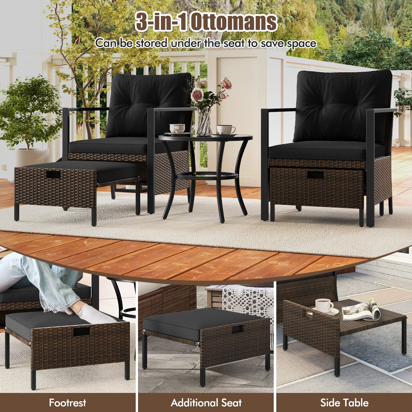 4 Piece Outdoor Furniture Set with Glass Topped Coffee Table, Black Patio Conversation Sets   at Gallery Canada