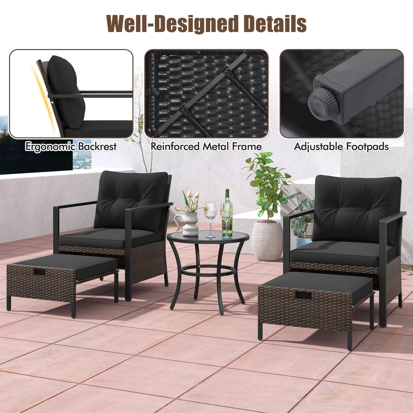 4 Piece Outdoor Furniture Set with Glass Topped Coffee Table, Black Patio Conversation Sets   at Gallery Canada