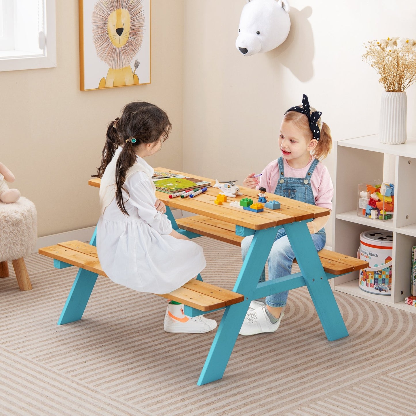 Children Outdoor Wooden Table with Bench Seats for Indoor and Outdoor Use, Natural Kids Table & Chair Sets   at Gallery Canada