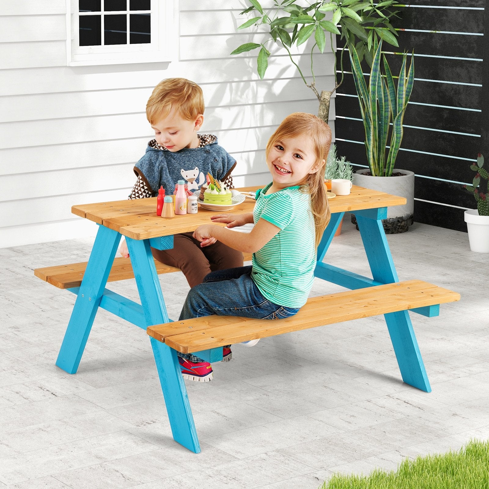 Children Outdoor Wooden Table with Bench Seats for Indoor and Outdoor Use, Natural Kids Table & Chair Sets   at Gallery Canada