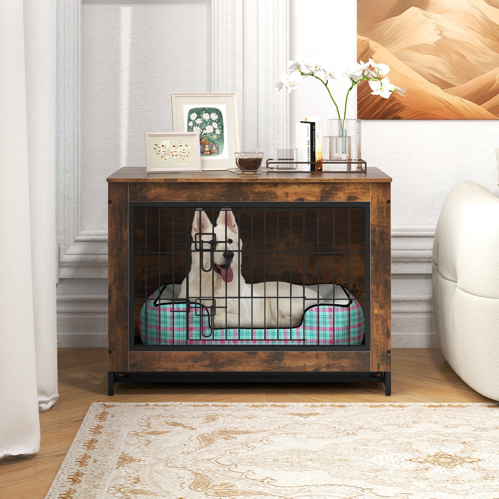 Dog Crate Furniture with Double Lockable Doors and Removable Pull-out Tray-M Dog Kennels   at Gallery Canada