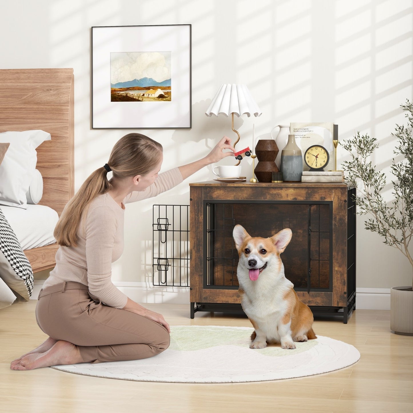 Dog Crate Furniture with Double Lockable Doors and Removable Pull-out Tray-S Dog Kennels   at Gallery Canada