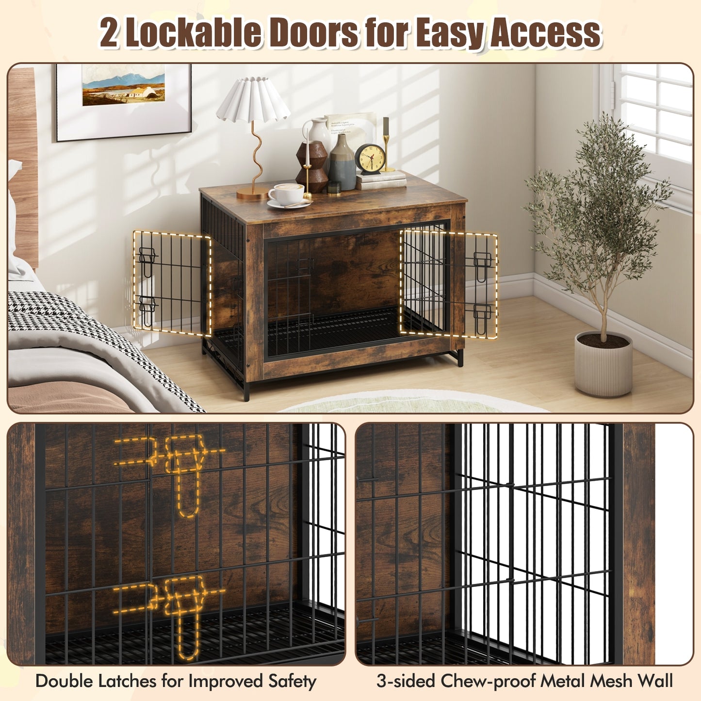 Dog Crate Furniture with Double Lockable Doors and Removable Pull-out Tray-M Dog Kennels   at Gallery Canada