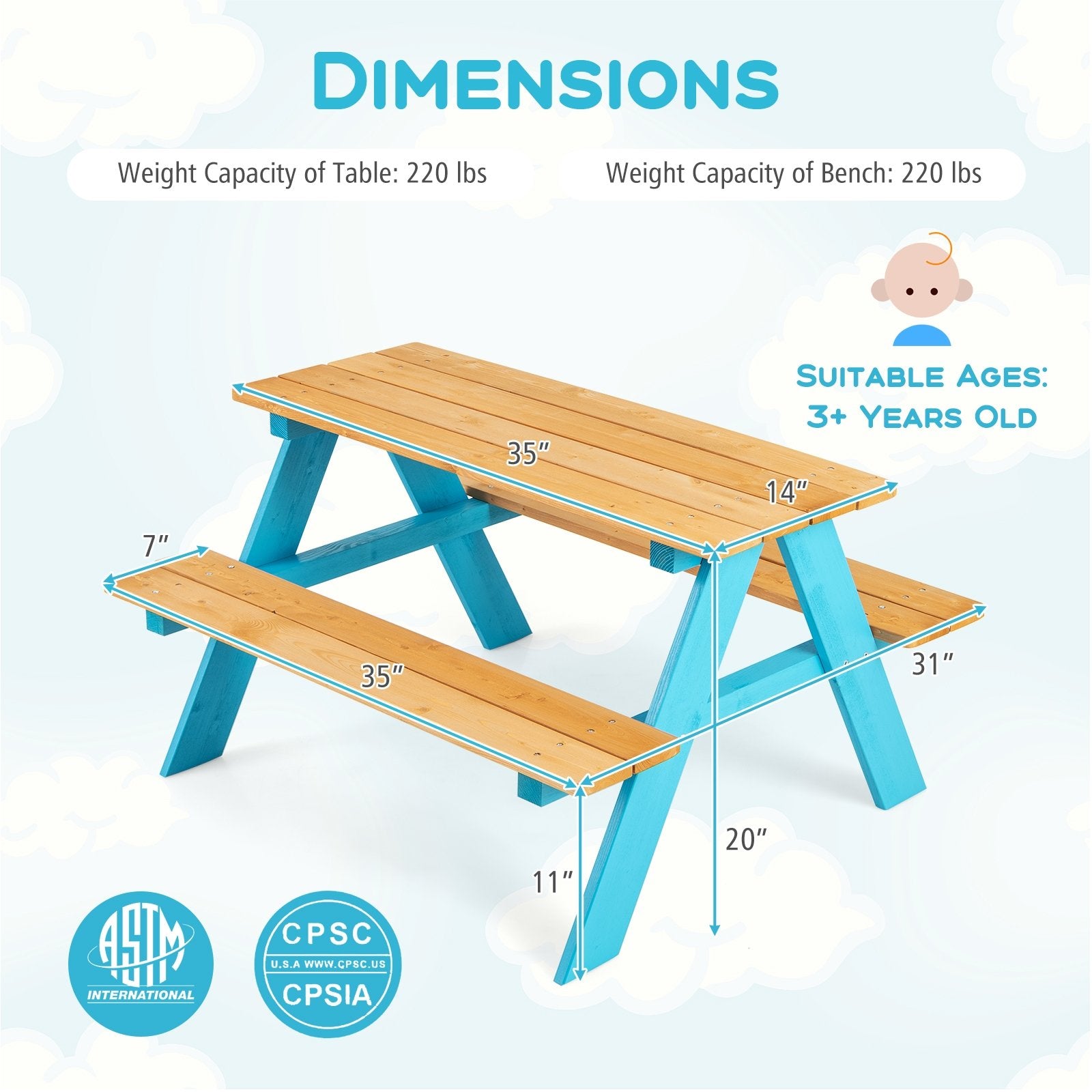 Children Outdoor Wooden Table with Bench Seats for Indoor and Outdoor Use, Natural Kids Table & Chair Sets   at Gallery Canada