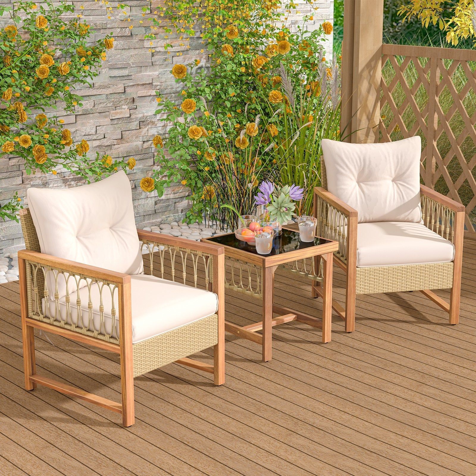 3 Pieces Patio Furniture Set with Acacia Wood Frame Cushions, Brown Patio Conversation Sets   at Gallery Canada