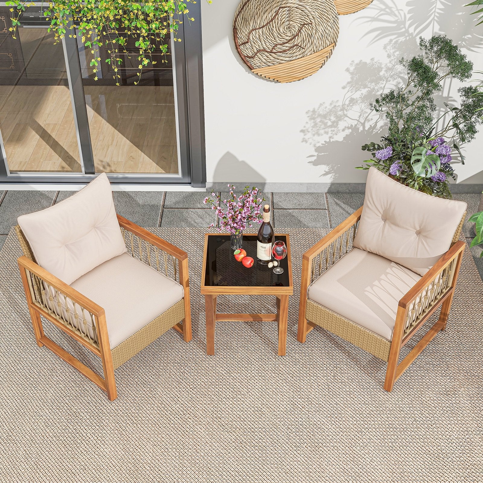 3 Pieces Patio Furniture Set with Acacia Wood Frame Cushions, Brown Patio Conversation Sets   at Gallery Canada