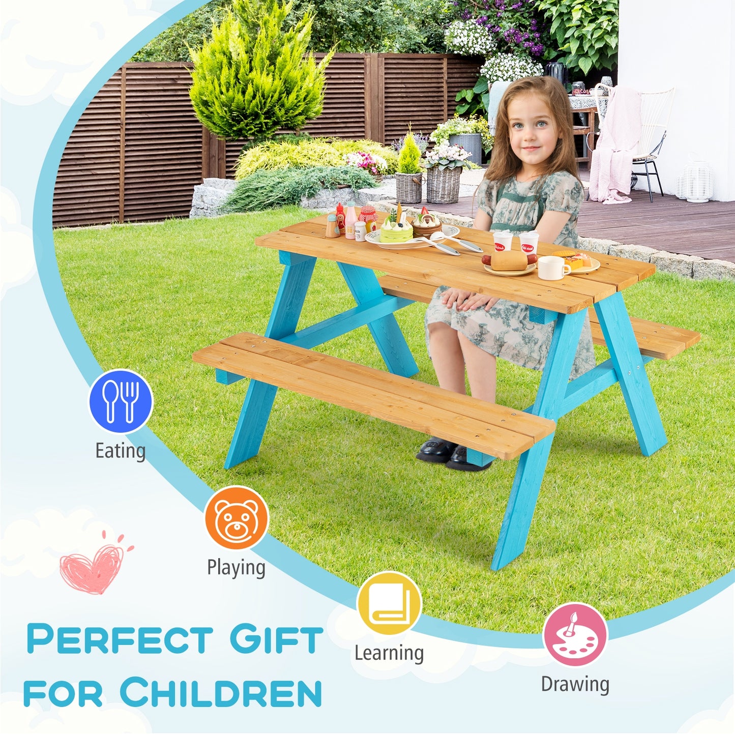 Children Outdoor Wooden Table with Bench Seats for Indoor and Outdoor Use, Natural Kids Table & Chair Sets   at Gallery Canada