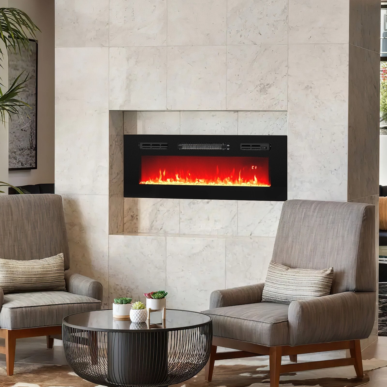 36 Inches Electric Fireplace Heater Recessed with LED Strip Lights and Remote Control, Black Fireplaces   at Gallery Canada