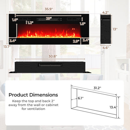 36 Inches Electric Fireplace Heater Recessed with LED Strip Lights and Remote Control, Black Fireplaces   at Gallery Canada