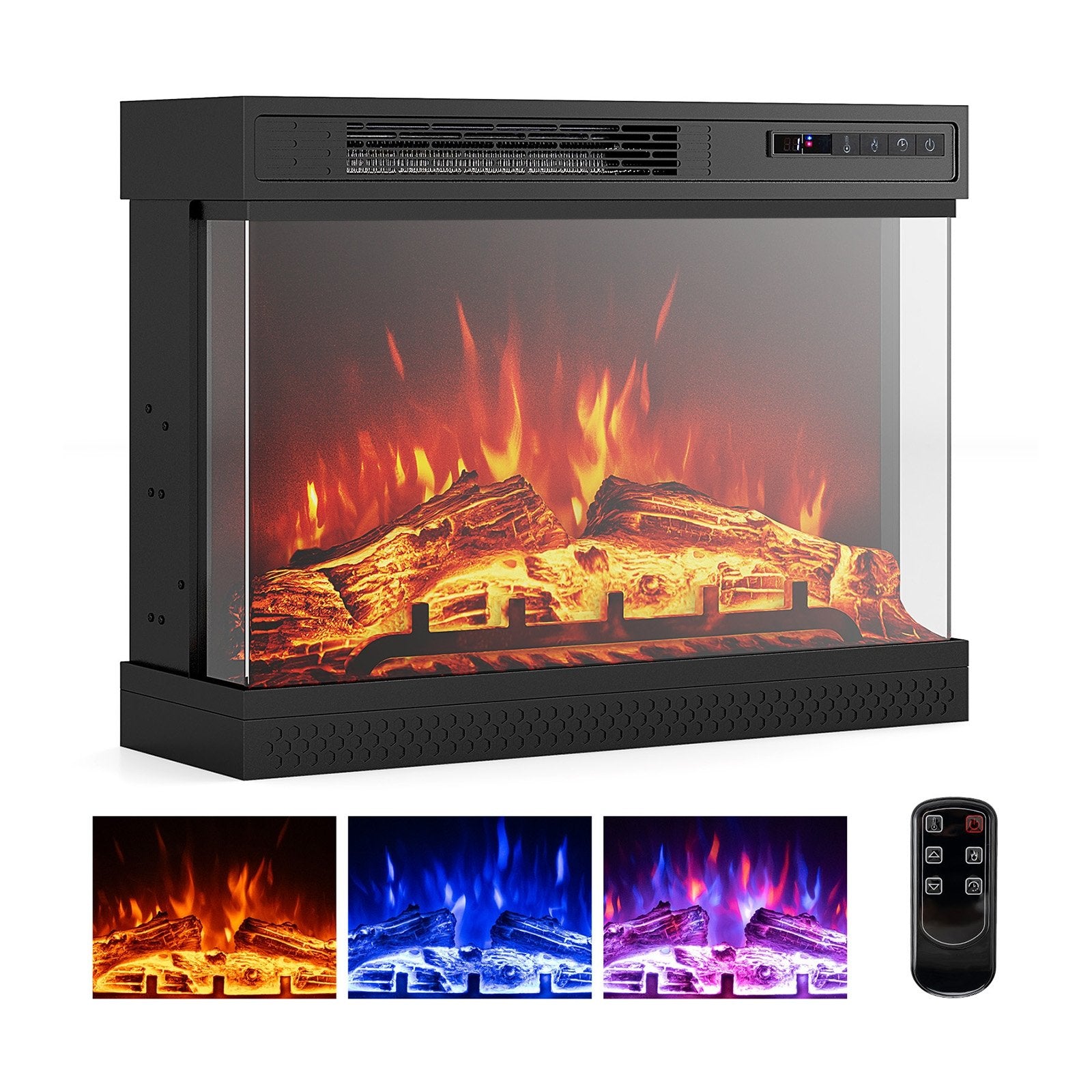 24 Inches 3-Sided Glass Electric Fireplace Heater with Remote Control, Black Fireplaces Black  at Gallery Canada