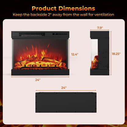 24 Inches 3-Sided Glass Electric Fireplace Heater with Remote Control, Black Fireplaces   at Gallery Canada