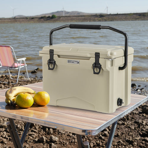 25 QT Hard Cooler with Aluminum Handle and Integrated Cup Holders, Tan