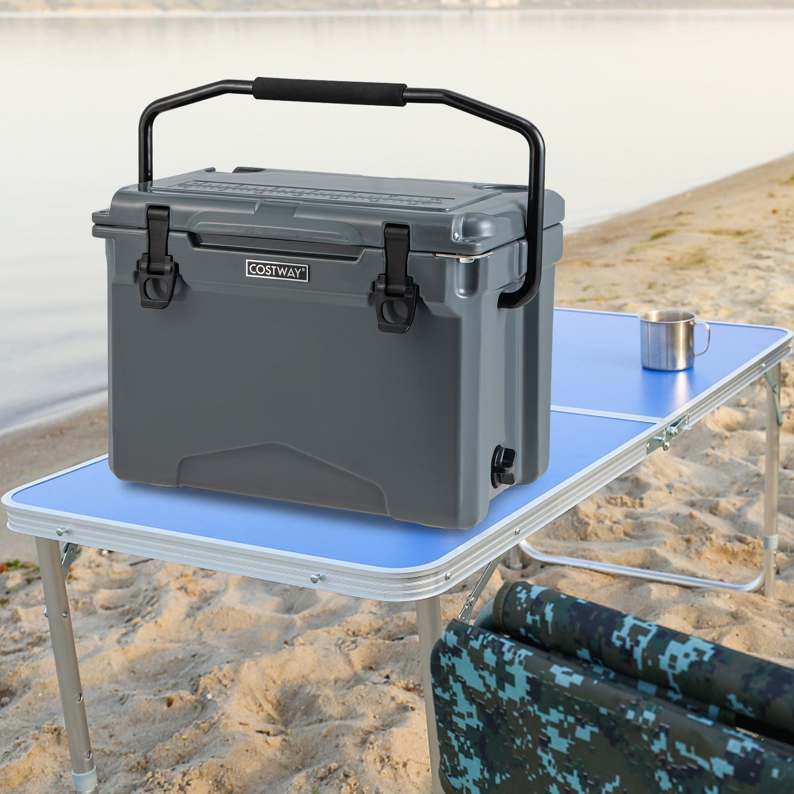 25 QT Hard Cooler with Aluminum Handle and Integrated Cup Holders, Gray Coolers   at Gallery Canada