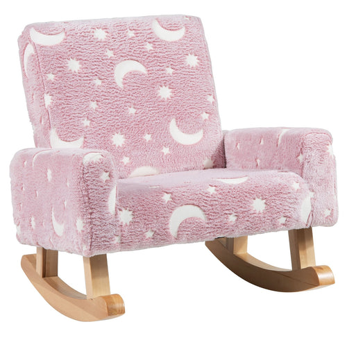 Kids Rocking Chair Upholstered Flannel Children Rocker with Solid Poplar Wood Rocking Feet, Pink