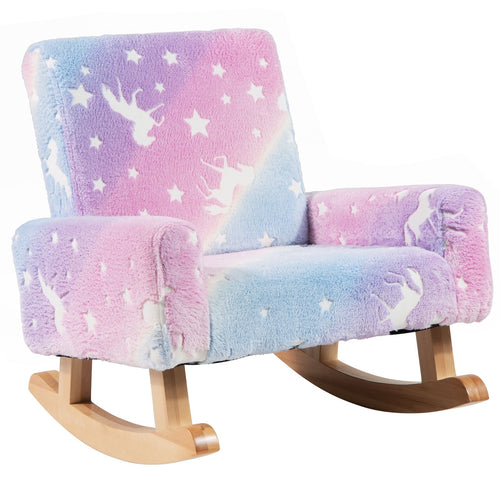 Kids Rocking Chair Upholstered Flannel Children Rocker with Solid Poplar Wood Rocking Feet, Multicolor