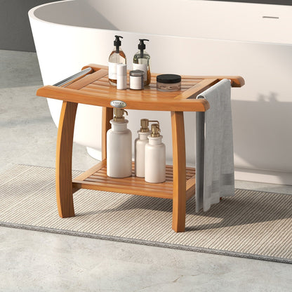 2-Tier Teak Wood Shower Bench Shower Stool with Curved Seat, Natural Bath Safety   at Gallery Canada