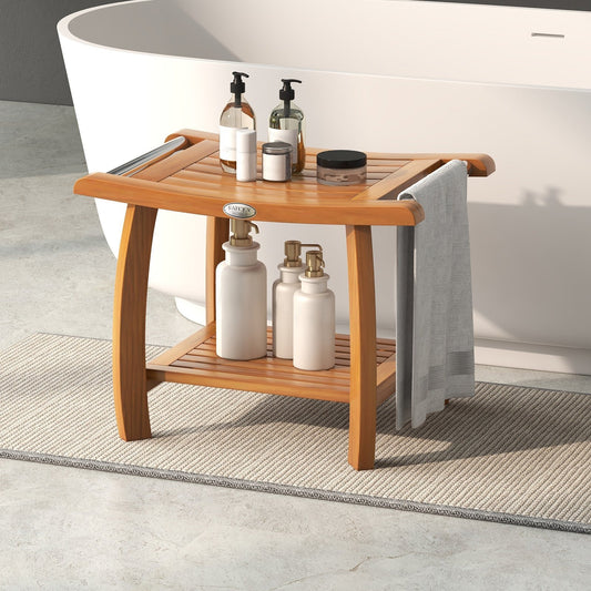 2-Tier Teak Wood Shower Bench Shower Stool with Curved Seat, Natural Bath Safety Natural  at Gallery Canada