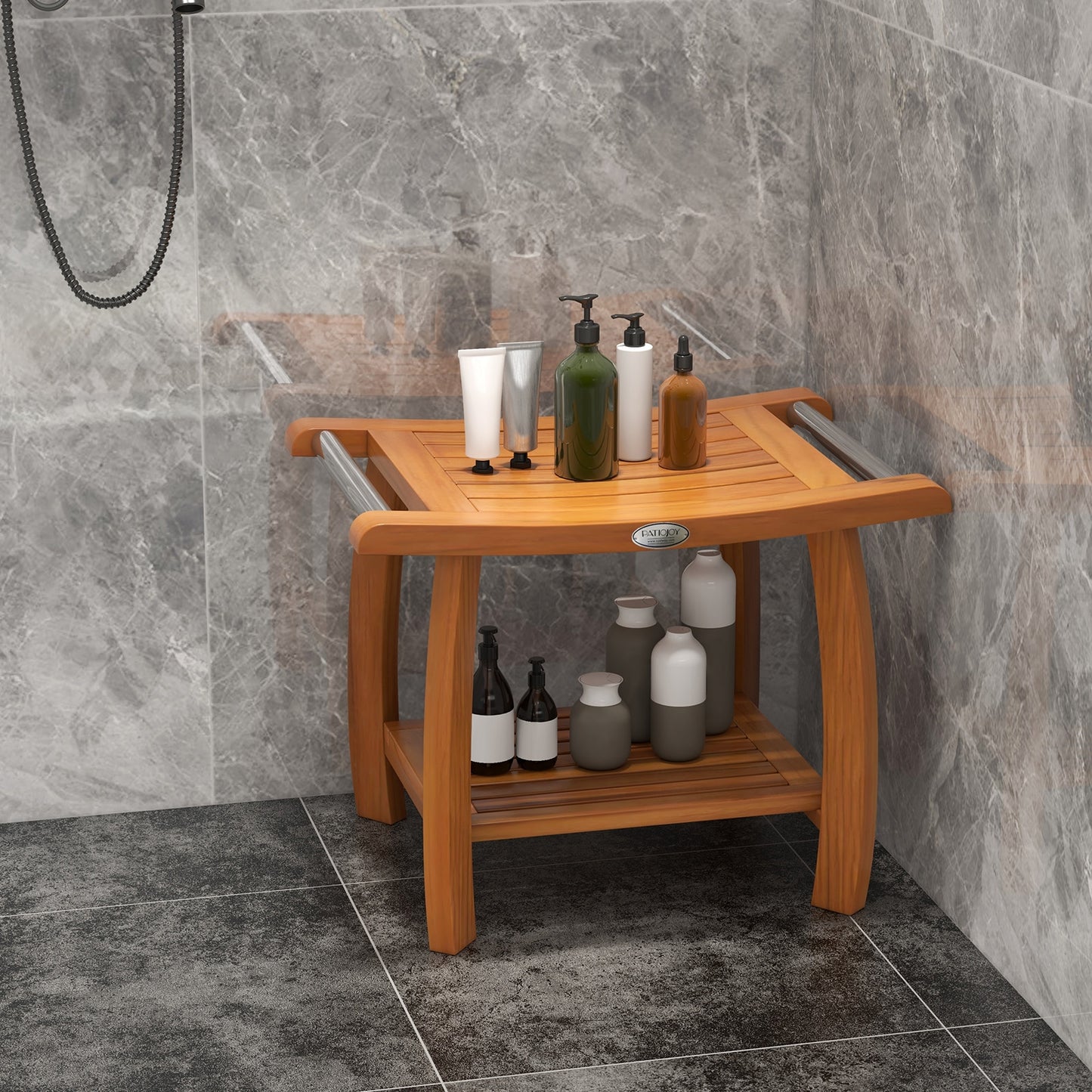 2-Tier Teak Wood Shower Bench Shower Stool with Curved Seat, Natural Bath Safety   at Gallery Canada