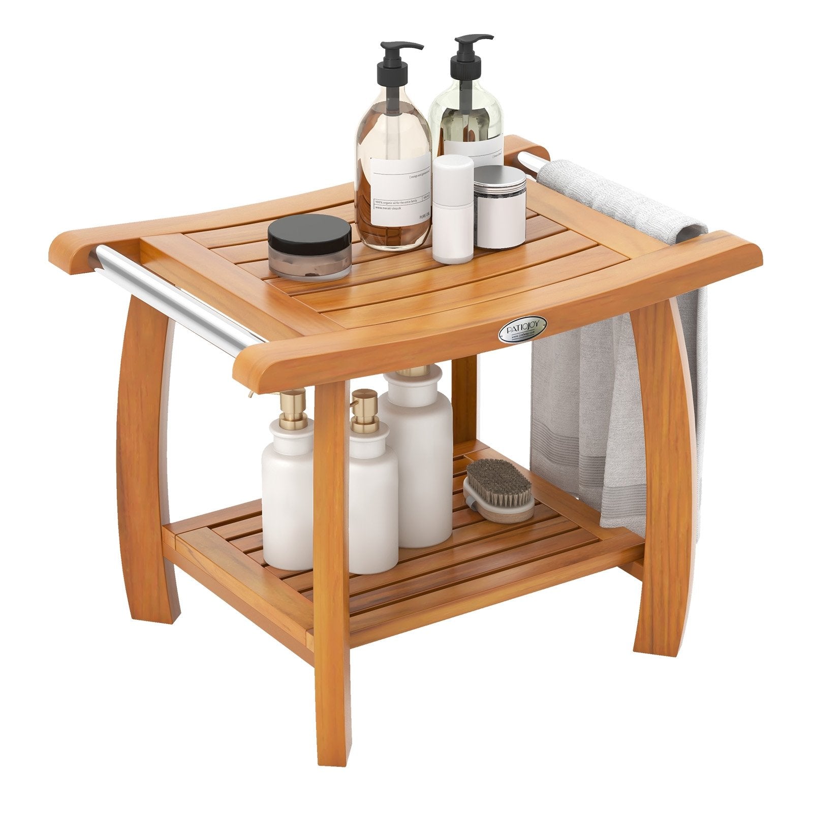 2-Tier Teak Wood Shower Bench Shower Stool with Curved Seat, Natural Bath Safety   at Gallery Canada