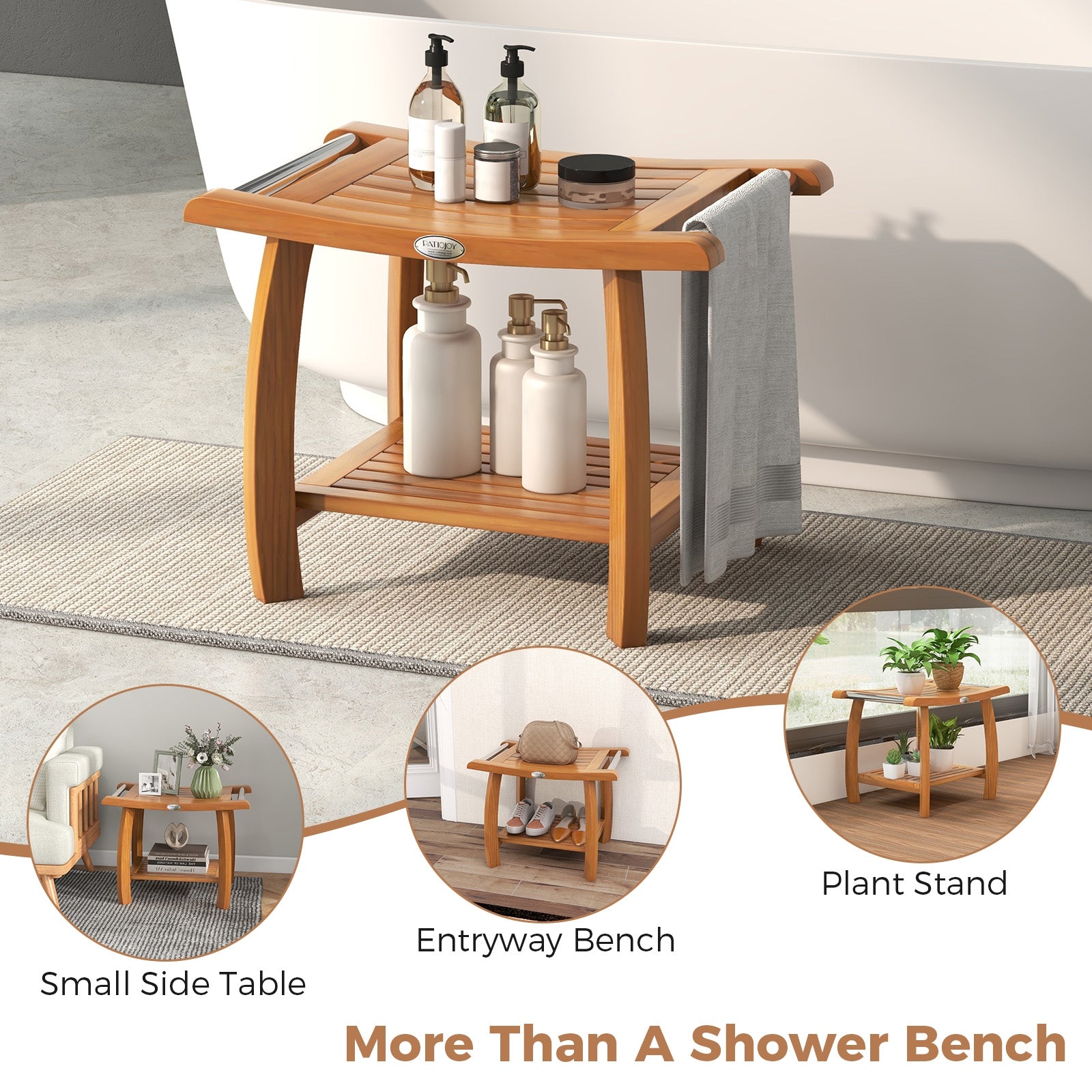 2-Tier Teak Wood Shower Bench Shower Stool with Curved Seat, Natural Bath Safety   at Gallery Canada