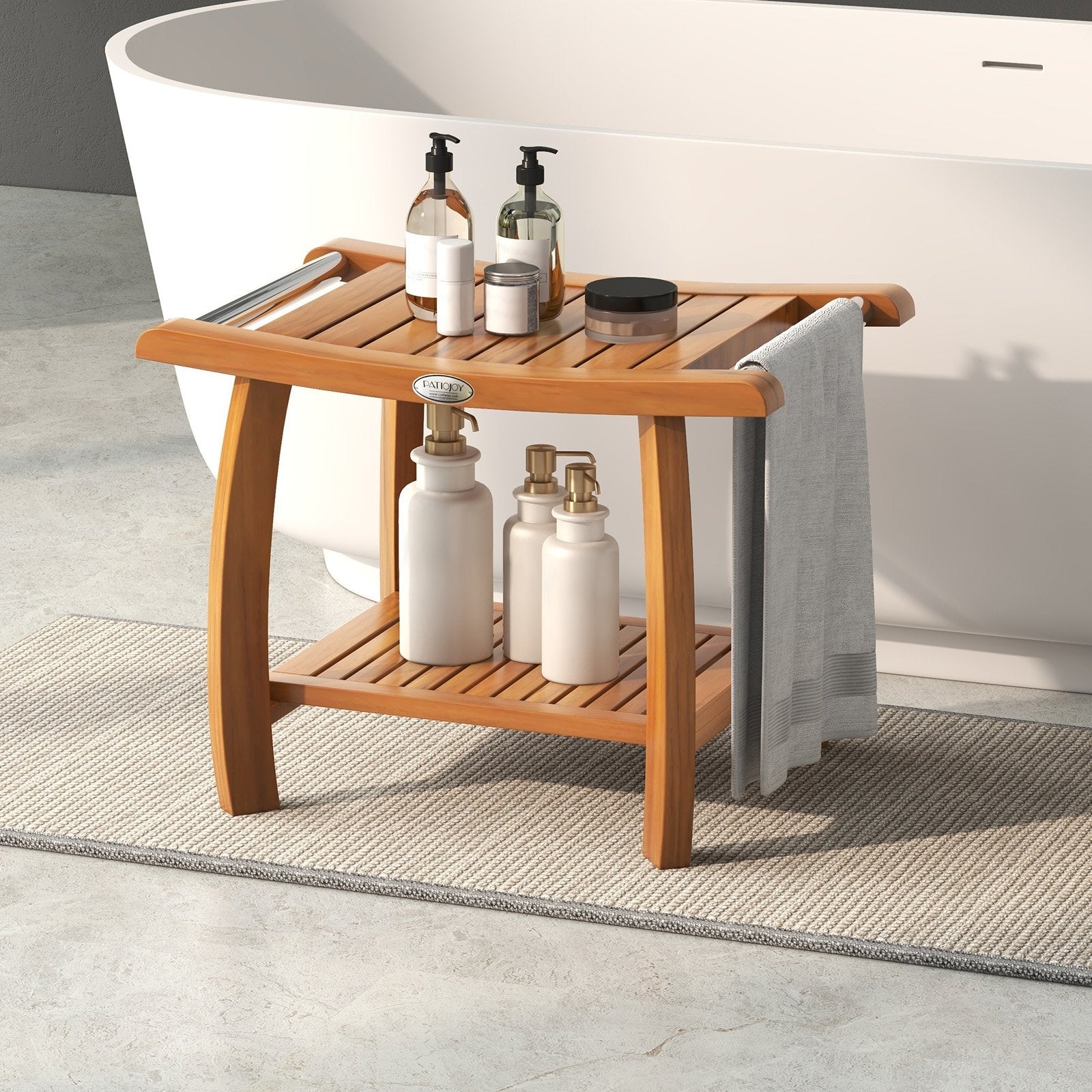 2-Tier Teak Wood Shower Bench Shower Stool with Curved Seat and Handles, Natural Bath Safety   at Gallery Canada