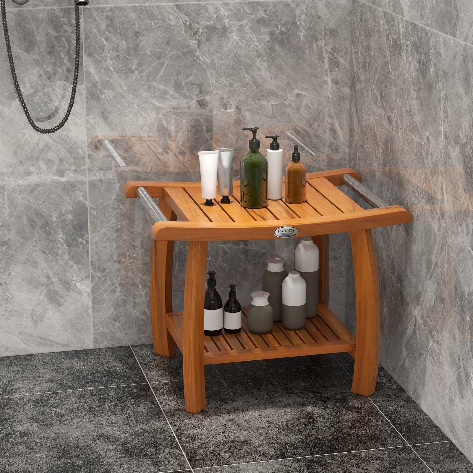 2-Tier Teak Wood Shower Bench Shower Stool with Curved Seat and Handles, Natural Bath Safety   at Gallery Canada