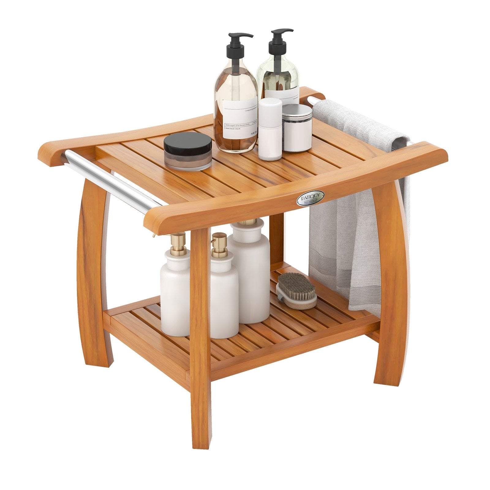 2-Tier Teak Wood Shower Bench Shower Stool with Curved Seat and Handles, Natural Bath Safety   at Gallery Canada