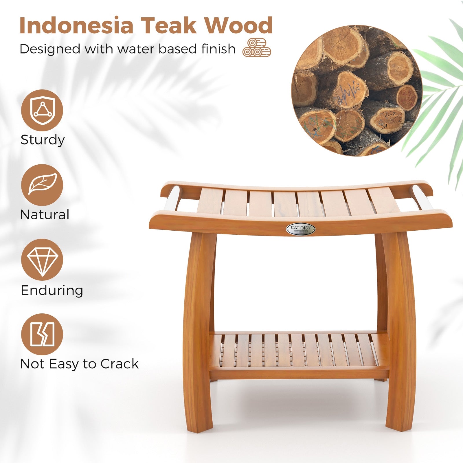 2-Tier Teak Wood Shower Bench Shower Stool with Curved Seat and Handles, Natural Bath Safety   at Gallery Canada