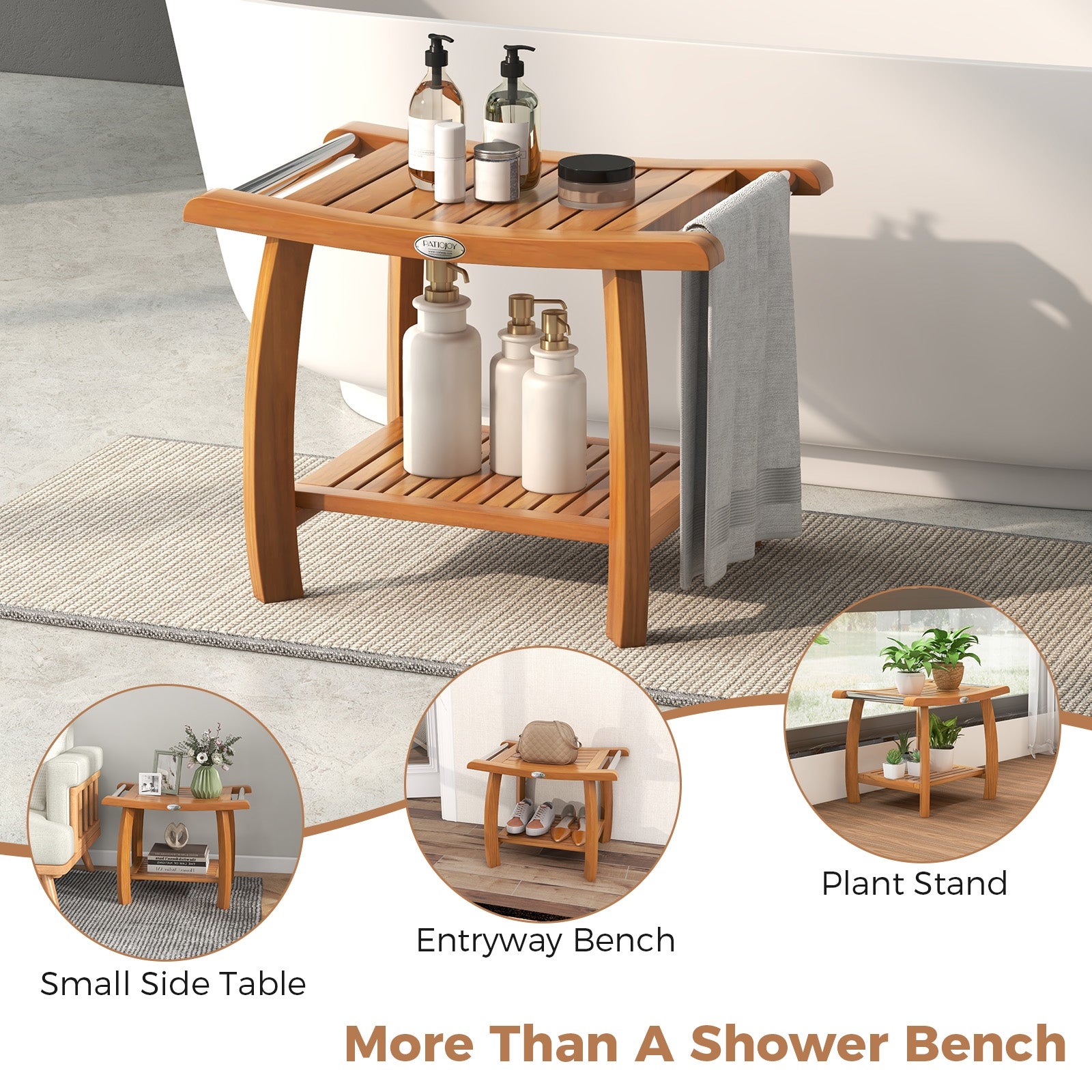 2-Tier Teak Wood Shower Bench Shower Stool with Curved Seat and Handles, Natural Bath Safety   at Gallery Canada